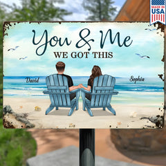 Back View Couple Sitting Beach Landscape Personalized Metal Sign